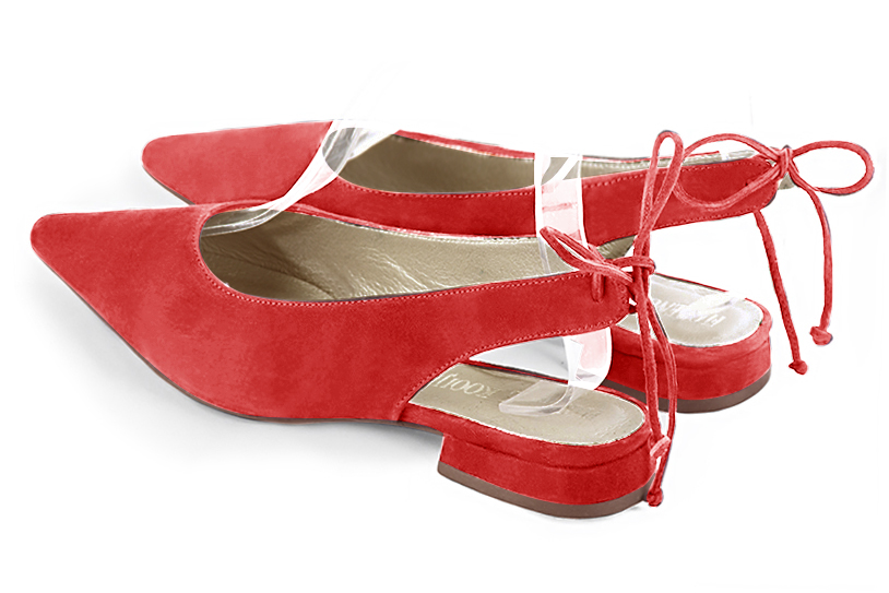 Scarlet red women's slingback shoes. Pointed toe. Flat flare heels. Rear view - Florence KOOIJMAN